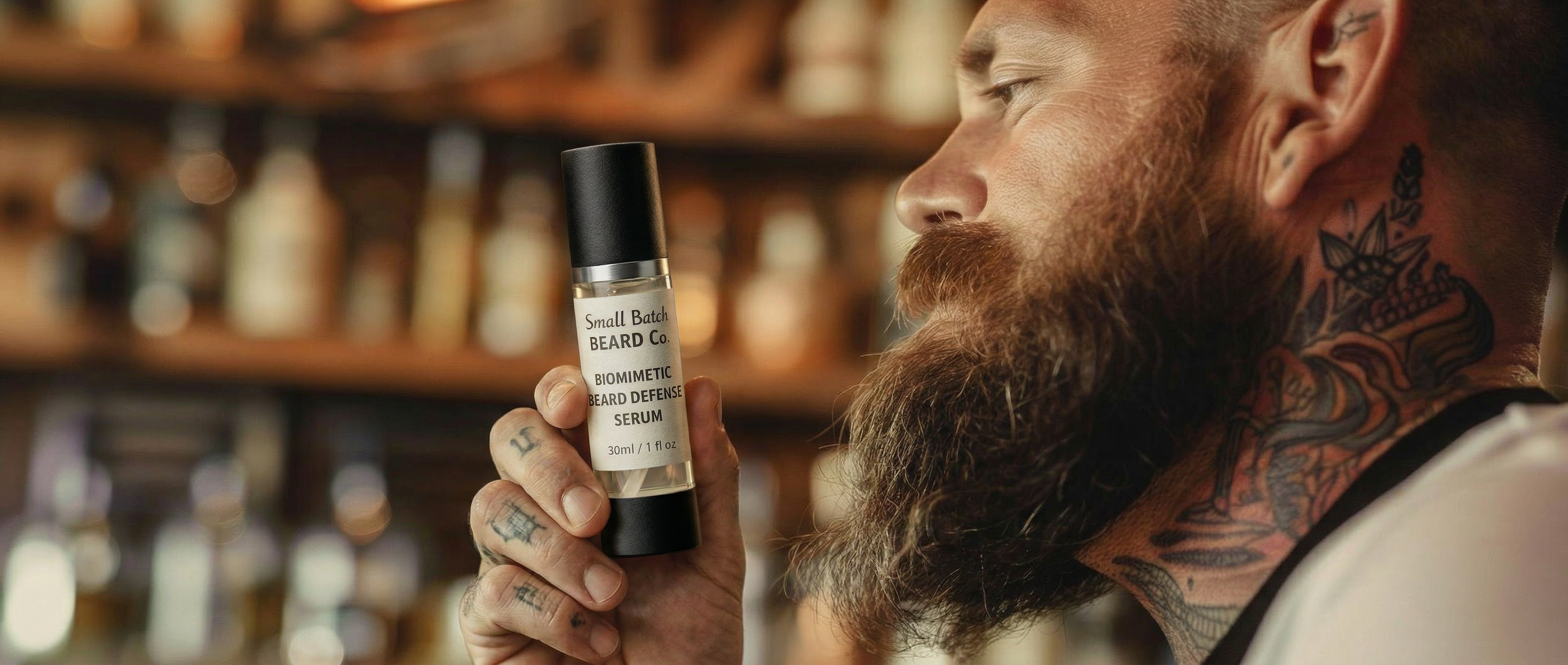 Man with tattoos holding a bottle of beard oil in a bar setting