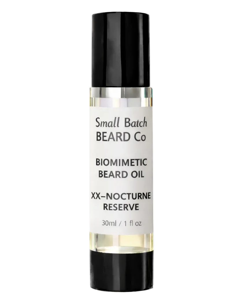 Small Batch Beard Co. biomimetic beard oil bottle on a white background